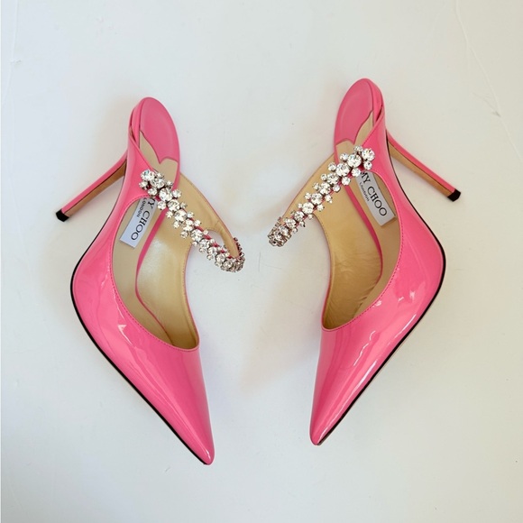 Jimmy Choo Candy Pink Patent Leather Bing 100 Crystal Embellished Mule pumps 38 - Picture 3 of 10